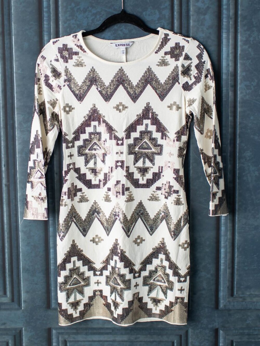 Express Sequin Bodycon Dress Womens Small Ivory Aztec Geometric Party Mini